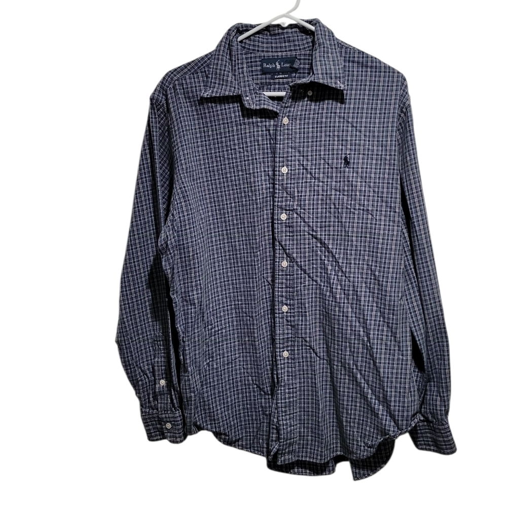 Ralph Lauren Men's Blue Checkered Button-Down Shirt Size Large Long Sleeve